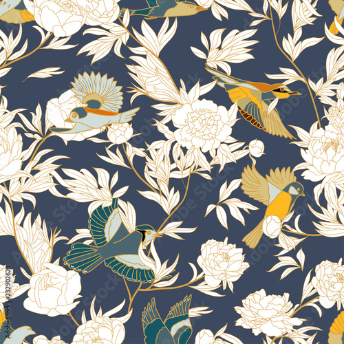Seamless pattern with birds and peony