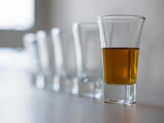 Set of empty wine, brandy, liqueur, tincture, cognac, whiskey glasses. Copy space for text