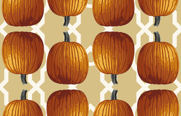 Wall Mural - Printable seamless vintage autumn repeat pattern background with pumpkins. Botanical wallpaper, raster illustration in super High resolution.