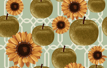 Wall Mural - Printable seamless vintage autumn repeat pattern background with green apples and sunflowers. Botanical wallpaper, raster illustration in super High resolution.
