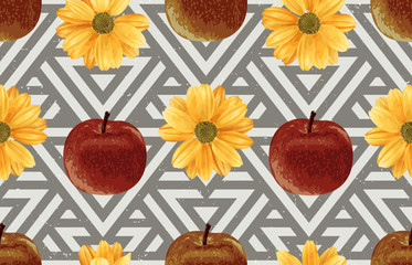 Wall Mural - Printable seamless vintage autumn repeat pattern background with red apples and chrysanthemum flowers. Botanical wallpaper, raster illustration in super High resolution.