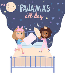 Pajama party poster with fun girls and. Invitation for slumber party. Editable vector illustration