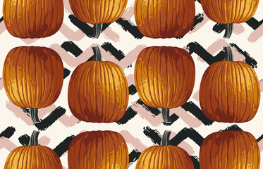 Wall Mural - Printable seamless vintage autumn repeat pattern background with pumpkins. Botanical wallpaper, raster illustration in super High resolution.