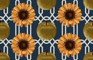 Wall Mural - Printable seamless vintage autumn repeat pattern background with green apples and sunflowers. Botanical wallpaper, raster illustration in super High resolution.
