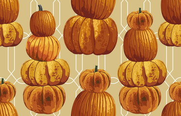 Wall Mural - Printable seamless vintage autumn repeat pattern background with pumpkins. Botanical wallpaper, raster illustration in super High resolution.