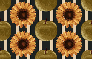 Wall Mural - Printable seamless vintage autumn repeat pattern background with green apples and sunflowers. Botanical wallpaper, raster illustration in super High resolution.