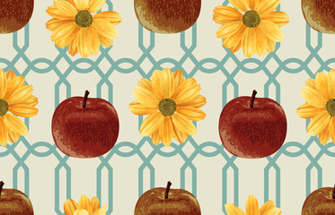 Wall Mural - Printable seamless vintage autumn repeat pattern background with red apples and chrysanthemum flowers. Botanical wallpaper, raster illustration in super High resolution.
