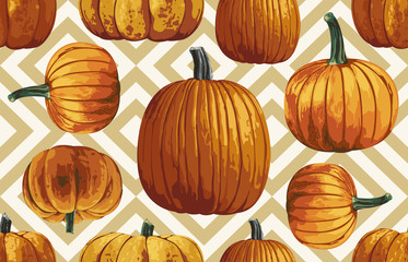 Wall Mural - Printable seamless vintage autumn repeat pattern background with pumpkins. Botanical wallpaper, raster illustration in super High resolution.