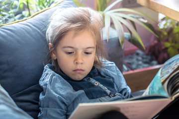 Poster - Little girl is reading a book in the living room on the couch