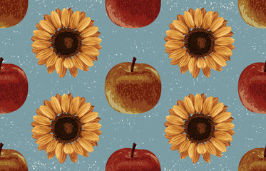 Wall Mural - Printable seamless vintage autumn repeat pattern background with red apples and sunflowers. Botanical wallpaper, raster illustration in super High resolution.