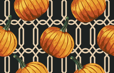 Wall Mural - Printable seamless vintage autumn repeat pattern background with pumpkins. Botanical wallpaper, raster illustration in super High resolution.