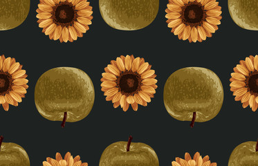 Wall Mural - Printable seamless vintage autumn repeat pattern background with green apples and sunflowers. Botanical wallpaper, raster illustration in super High resolution.