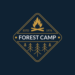 camp badge. forest camping emblem with fire and trees. vector illustration.