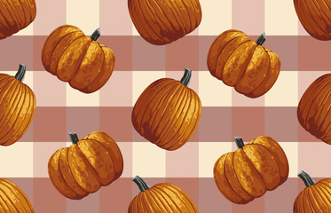 Wall Mural - Printable seamless vintage autumn repeat pattern background with pumpkins. Botanical wallpaper, raster illustration in super High resolution.