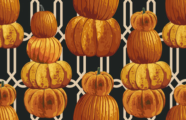 Wall Mural - Printable seamless vintage autumn repeat pattern background with pumpkins. Botanical wallpaper, raster illustration in super High resolution.