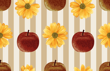 Wall Mural - Printable seamless vintage autumn repeat pattern background with red apples and chrysanthemum flowers. Botanical wallpaper, raster illustration in super High resolution.