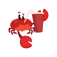 Poster - Crab character with paper cup of soda drink with straw, cute sea creature with funny face vector Illustration on a white background