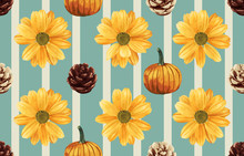 Printable Seamless Vintage Repeat Pattern Background With Yellow Chrysanthemum Flowers, Pumpkins And Pine Cones. Botanical Wallpaper, Raster Illustration In Super High Resolution.