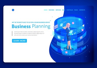 Wall Mural - business website template design. isometric concept businessmen work, augmented reality, time manage