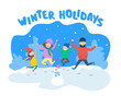 © tarikdiz - happy family in warm clothes jump winter holidays