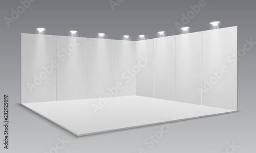 Blank display exhibition stand. White empty panels, promotional advertising s...