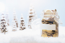 Full Money Jar In December Landscape With Snow And Trees