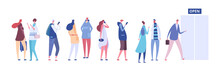 People In Queue. Men And Women In Casual Clothes, Persons In Line Outside Open Store Door. Vector Concept Queue Row People, Illustration Of Woman And Man Line
