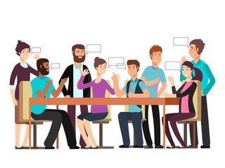 Poster - Cartoon character business team have conversation. Woman and man at morning meeting. Illustration of discussion and talk, speech talking brainstorm