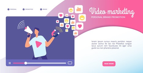 Video marketing concept. Online advertising, streaming vlog and motion graphics. Social media market vector web banner. Illustration of marketing video, internet information and vlog promotion