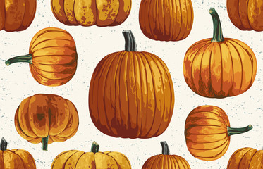 Wall Mural - Printable seamless vintage autumn repeat pattern background with pumpkins. Botanical wallpaper, raster illustration in super High resolution.