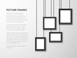 © MicroOne - Blank hanging frames. Pictures, photo frames on light wall. Contemporary vector interior. Illustration of interior wall banner with picture frame