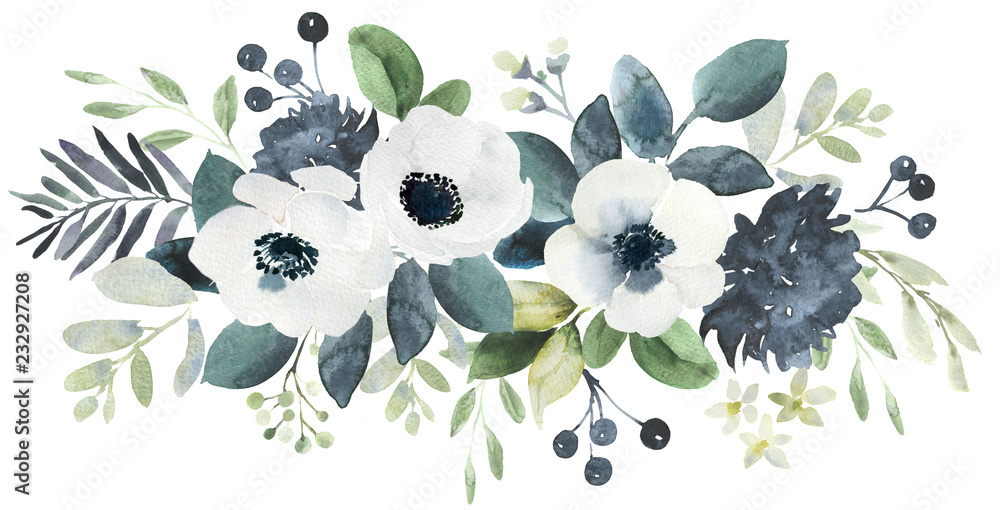 Watercolor wedding floral bouquet composition with black and white hellebore and eucalyptus - obrazy, fototapety, plakaty 