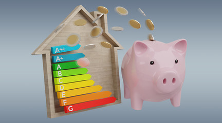 Wall Mural - energy chart rating and piggy bank illustration 3d rendering