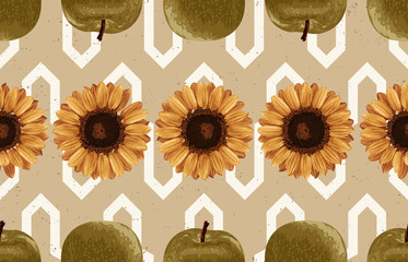 Wall Mural - Printable seamless vintage autumn repeat pattern background with green apples and sunflowers. Botanical wallpaper, raster illustration in super High resolution.