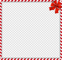 Christmas, New Year Cane Square Frame With Red Festive Bow On Transparent Background.