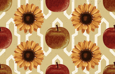 Wall Mural - Printable seamless vintage autumn repeat pattern background with red apples and sunflowers. Botanical wallpaper, raster illustration in super High resolution.