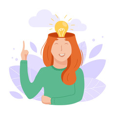 Inside woman’s head concept. Idea light bulb inside her mind. Vector illustration isolated on white