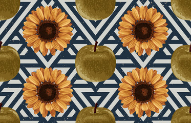 Wall Mural - Printable seamless vintage autumn repeat pattern background with green apples and sunflowers. Botanical wallpaper, raster illustration in super High resolution.