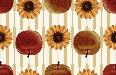 Wall Mural - Printable seamless vintage autumn repeat pattern background with red apples and sunflowers. Botanical wallpaper, raster illustration in super High resolution.