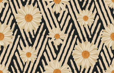 Wall Mural - Printable seamless vintage repeat pattern background with white daisies. Botanical wallpaper, raster illustration in super High resolution.