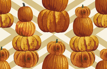 Wall Mural - Printable seamless vintage autumn repeat pattern background with pumpkins. Botanical wallpaper, raster illustration in super High resolution.