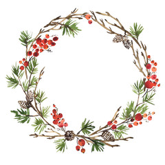 watercolor christmas wreath of spruce, pine cones and holly berries