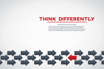 Think differently concept. Red arrow changing direction. New idea, change, trend, courage, creative solution, innovation and unique way concept.