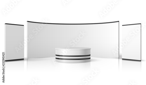 Blank trade show booth. White empty exhibition stand, retail promotional disp...