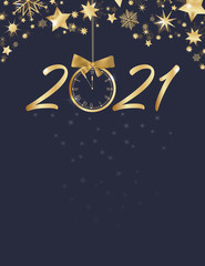 Wall Mural - Happy New Year. Stars with big retro clock in golden colors.