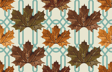 Printable seamless vintage autumn repeat pattern background with maple leaves. Botanical wallpaper, raster illustration in super High resolution.