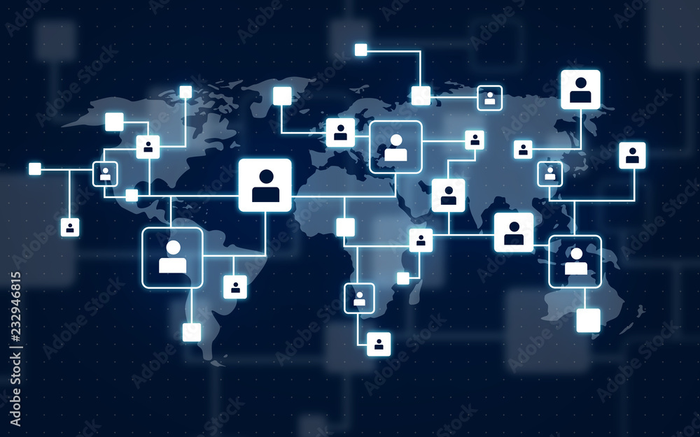 communication, connection and technology concept - virtual icons of social network over world map on dark blue background