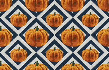 Wall Mural - Printable seamless vintage autumn repeat pattern background with pumpkins. Botanical wallpaper, raster illustration in super High resolution.