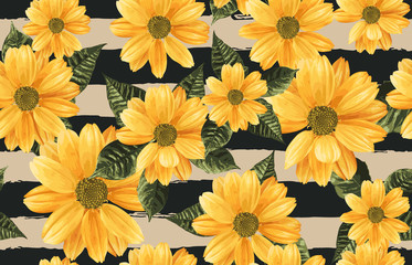 Wall Mural - Printable seamless vintage repeat pattern background with yellow chrysanthemum flowers. Botanical wallpaper, raster illustration in super High resolution.