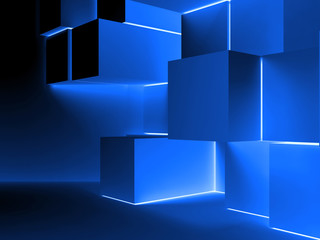 Wall Mural - blue glowing cubes installation. 3d illustration